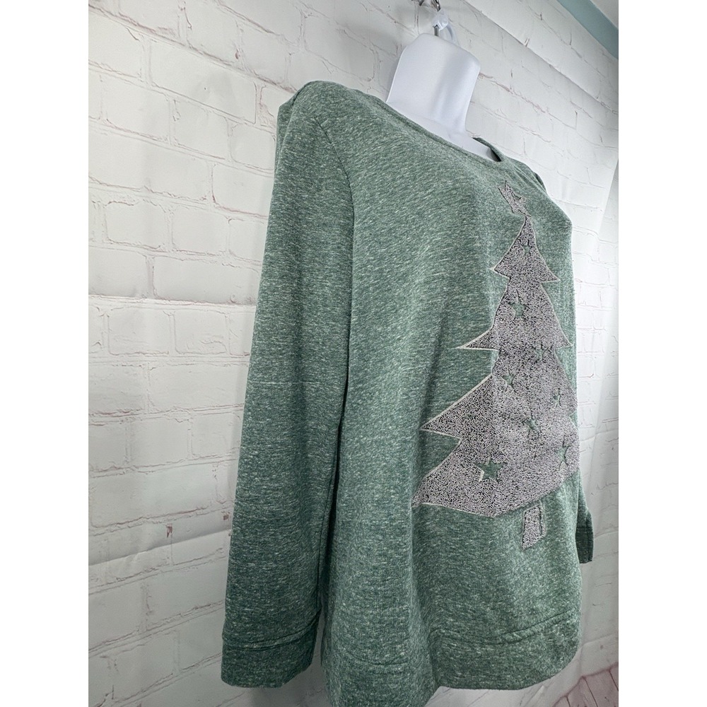 Women's Christmas Tree Long Sleeve Tshirt Green Silver Small Holiday Top - Picture 2 of 13